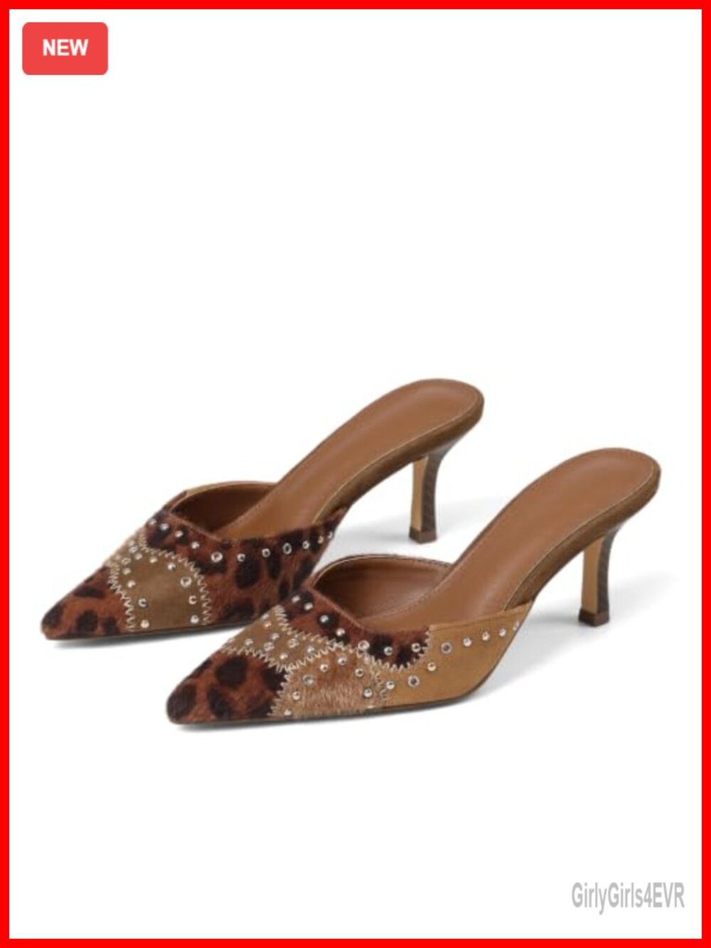 Studded Kitten Heel Mules Pointed Toe Slip On Heels Faux Suede Party